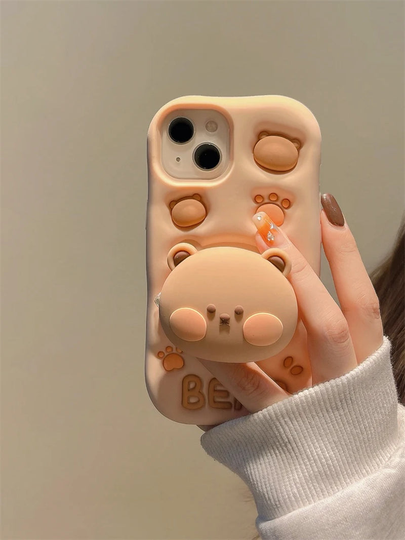 Lovely 3D Bear Hidden Holder Stand Silicone Phone Case for Iphone 11 12 13 14 15 16 Pro Max XS XR X 7 8 plus Cute Girl Cover