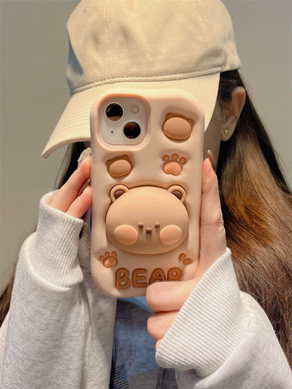Lovely 3D Bear Hidden Holder Stand Silicone Phone Case for Iphone 11 12 13 14 15 16 Pro Max XS XR X 7 8 plus Cute Girl Cover