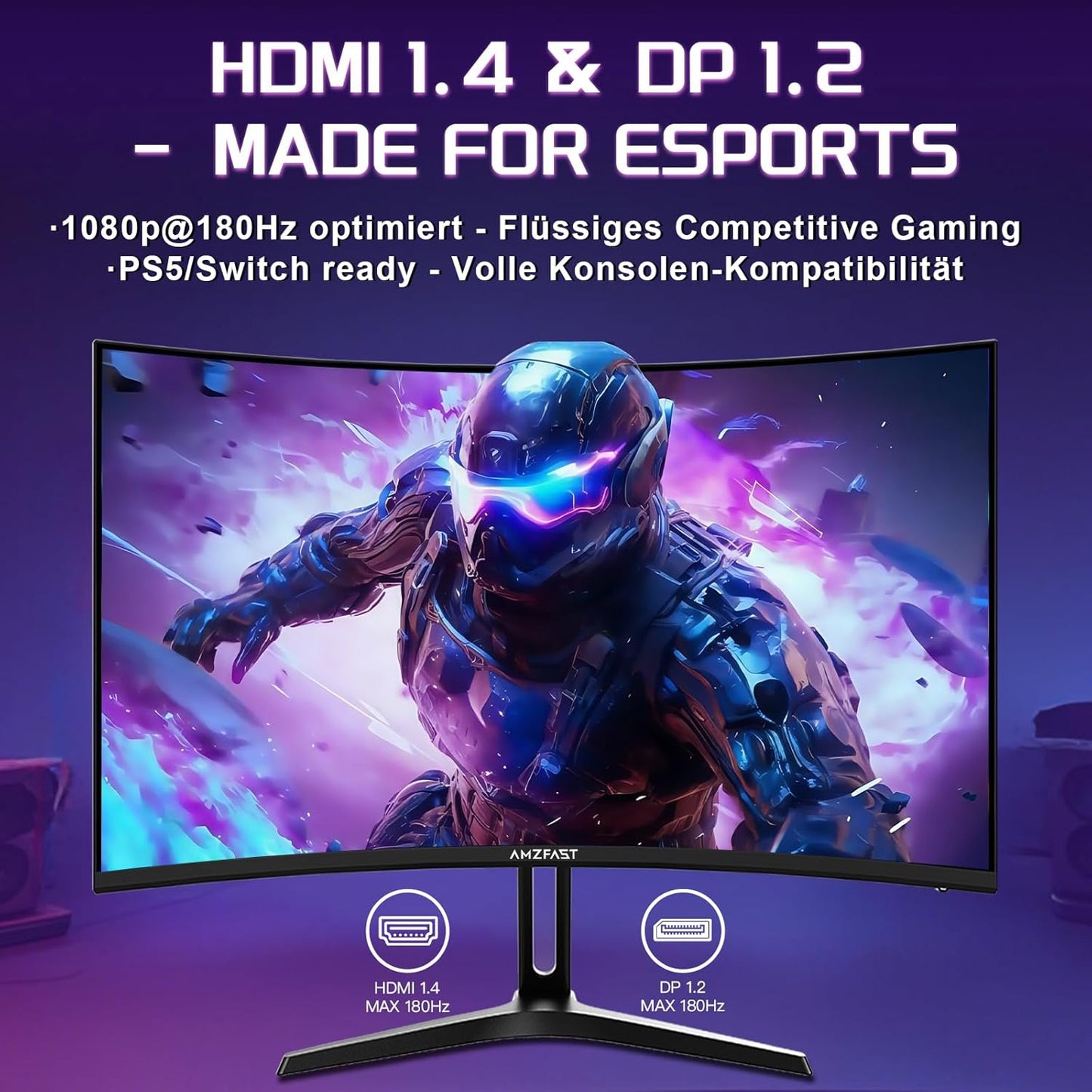 Amzfast Gaming Monitor Curved 24 Zoll - 180Hz, FHD 1920x1080, Blaulichtfilter, 1 ms MPRT, Adaptive Sync, sRGB 130% / DCI-P3 97%, HDMI 1.4 + DP 1.2, VESA 75x75, AMZG24C1