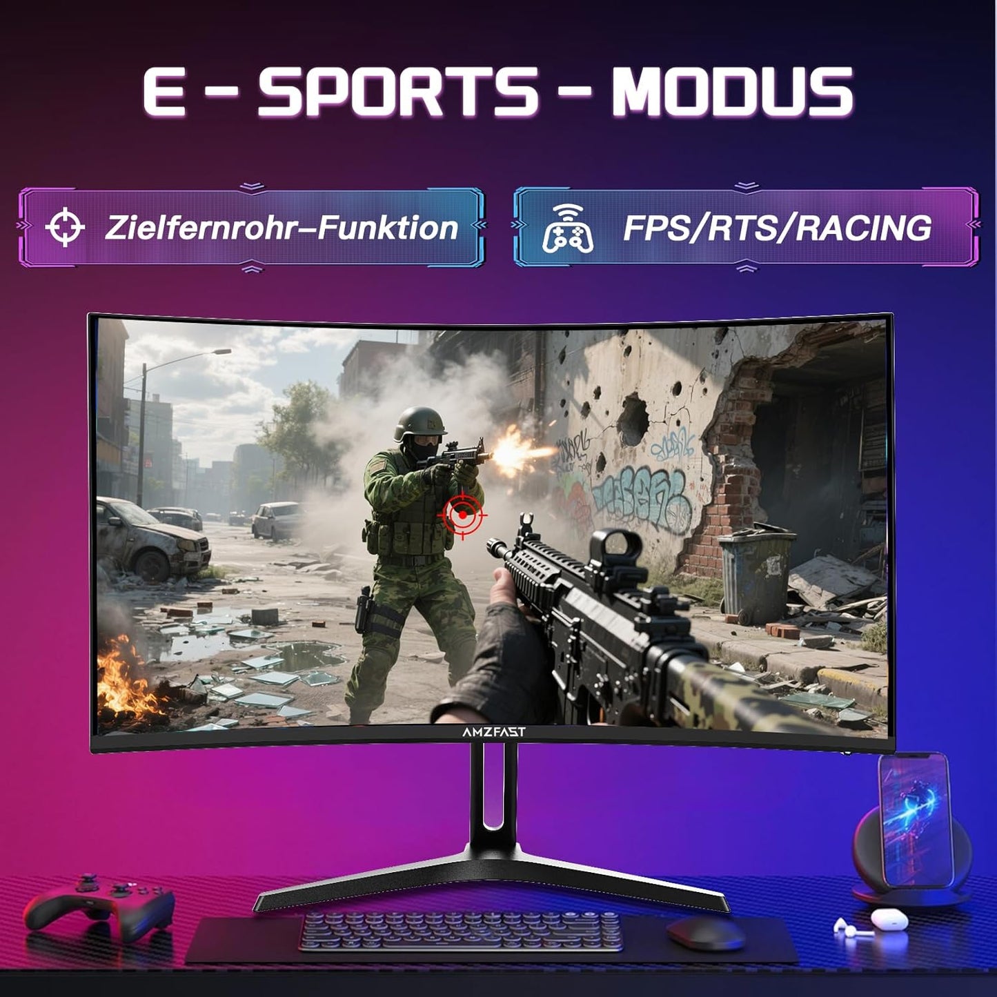 Amzfast Gaming Monitor Curved 24 Zoll - 180Hz, FHD 1920x1080, Blaulichtfilter, 1 ms MPRT, Adaptive Sync, sRGB 130% / DCI-P3 97%, HDMI 1.4 + DP 1.2, VESA 75x75, AMZG24C1