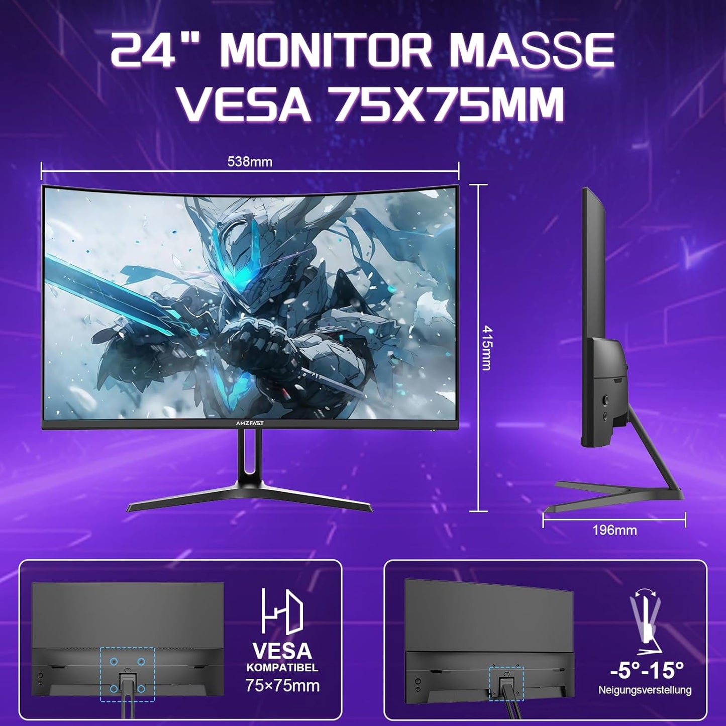 Amzfast Gaming Monitor Curved 24 Zoll - 180Hz, FHD 1920x1080, Blaulichtfilter, 1 ms MPRT, Adaptive Sync, sRGB 130% / DCI-P3 97%, HDMI 1.4 + DP 1.2, VESA 75x75, AMZG24C1