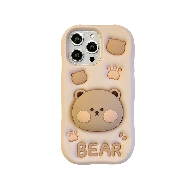 Lovely 3D Bear Hidden Holder Stand Silicone Phone Case for Iphone 11 12 13 14 15 16 Pro Max XS XR X 7 8 plus Cute Girl Cover