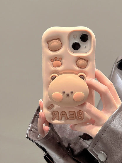 Lovely 3D Bear Hidden Holder Stand Silicone Phone Case for Iphone 11 12 13 14 15 16 Pro Max XS XR X 7 8 plus Cute Girl Cover