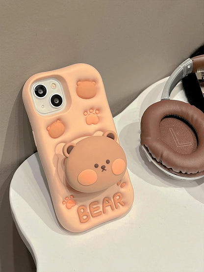 Lovely 3D Bear Hidden Holder Stand Silicone Phone Case for Iphone 11 12 13 14 15 16 Pro Max XS XR X 7 8 plus Cute Girl Cover